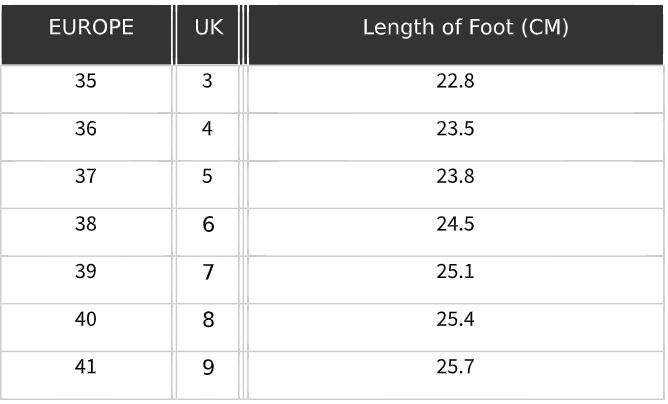 foot size chart for women