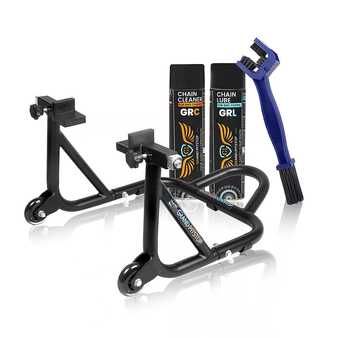 Combo of Chain Cleaning Brush & GR Chain Cleaner-500ml & GR Chain Lube-500ml & Dismantable Paddock Stand-Black