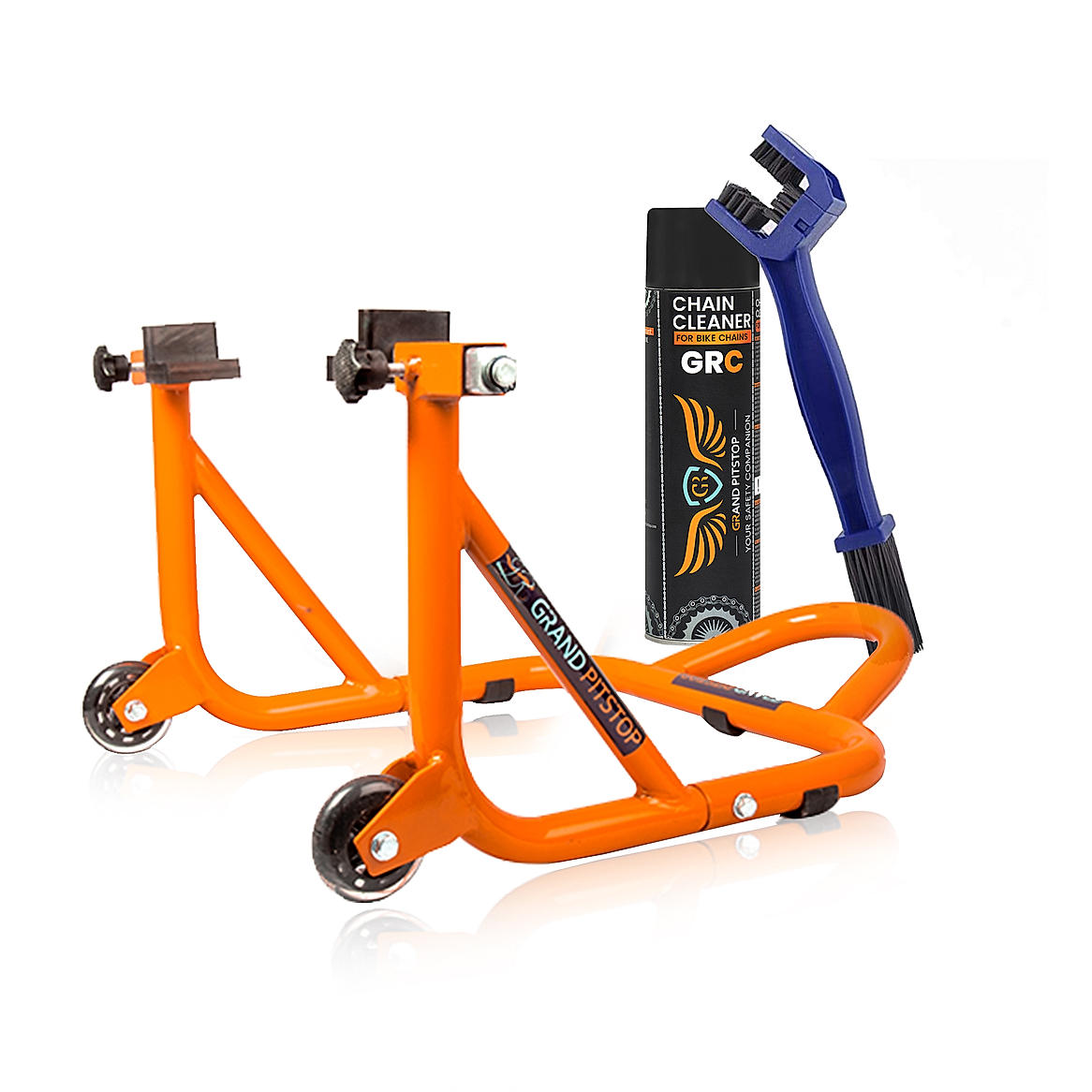Combo of Chain Cleaning Brush & GR Chain Cleaner-500ml & Dismantable Paddock Stand-Orange