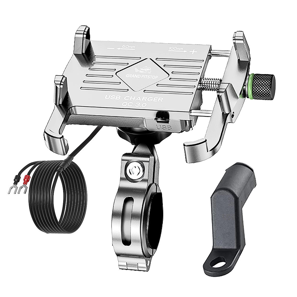 Claw with Jaw Grip Aluminium Mobile Holder with Charger - Silver
