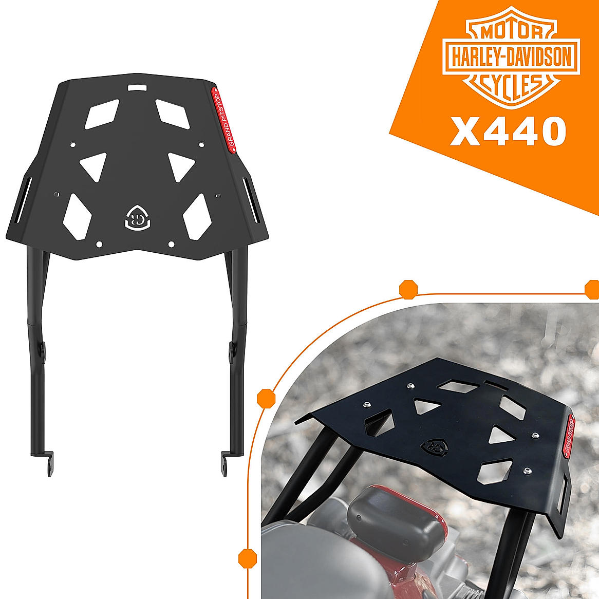 GRAND PITSTOP Extended Top Rack with Plate for HARLEY DAVIDSON X 440 Black