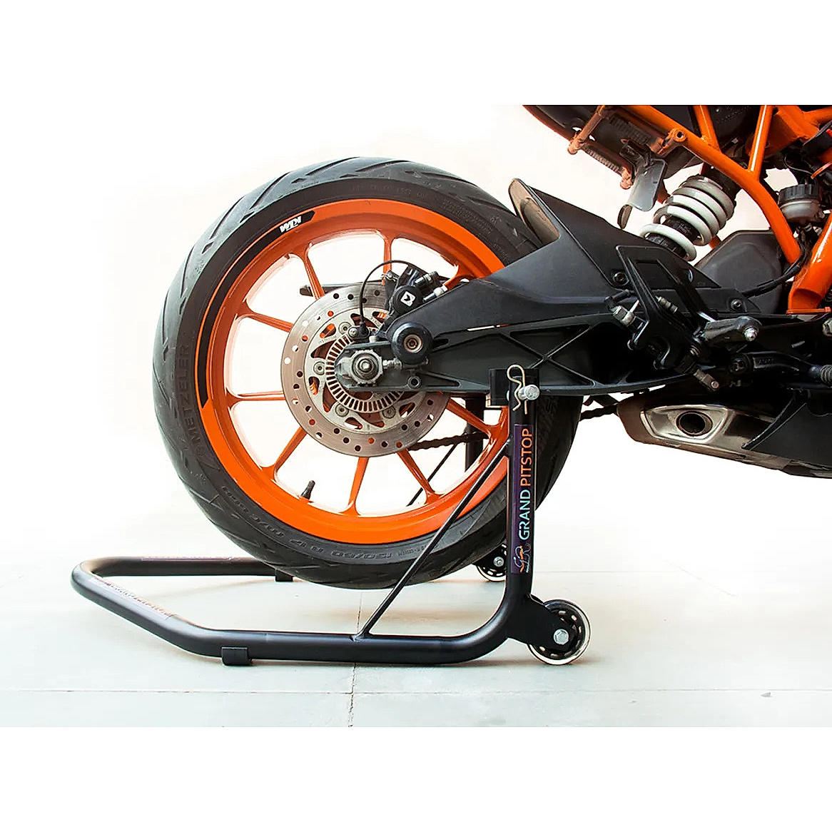 Non-Dismantable Universal Rear Paddock Stand with Skate Wheels - Black - (Bike Wt upto: 350 kgs)