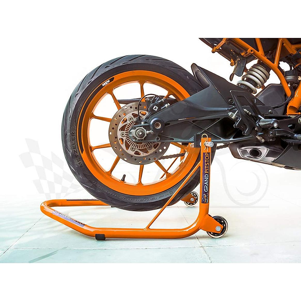 Non-Dismantable Universal Rear Paddock Stand with Skate Wheels - Orange - (Bike Wt upto: 350 kgs)