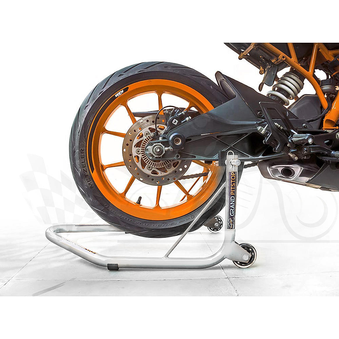 Non-Dismantable Universal Rear Paddock Stand with Skate Wheels - Silver - (Bike Wt upto: 350 kgs)