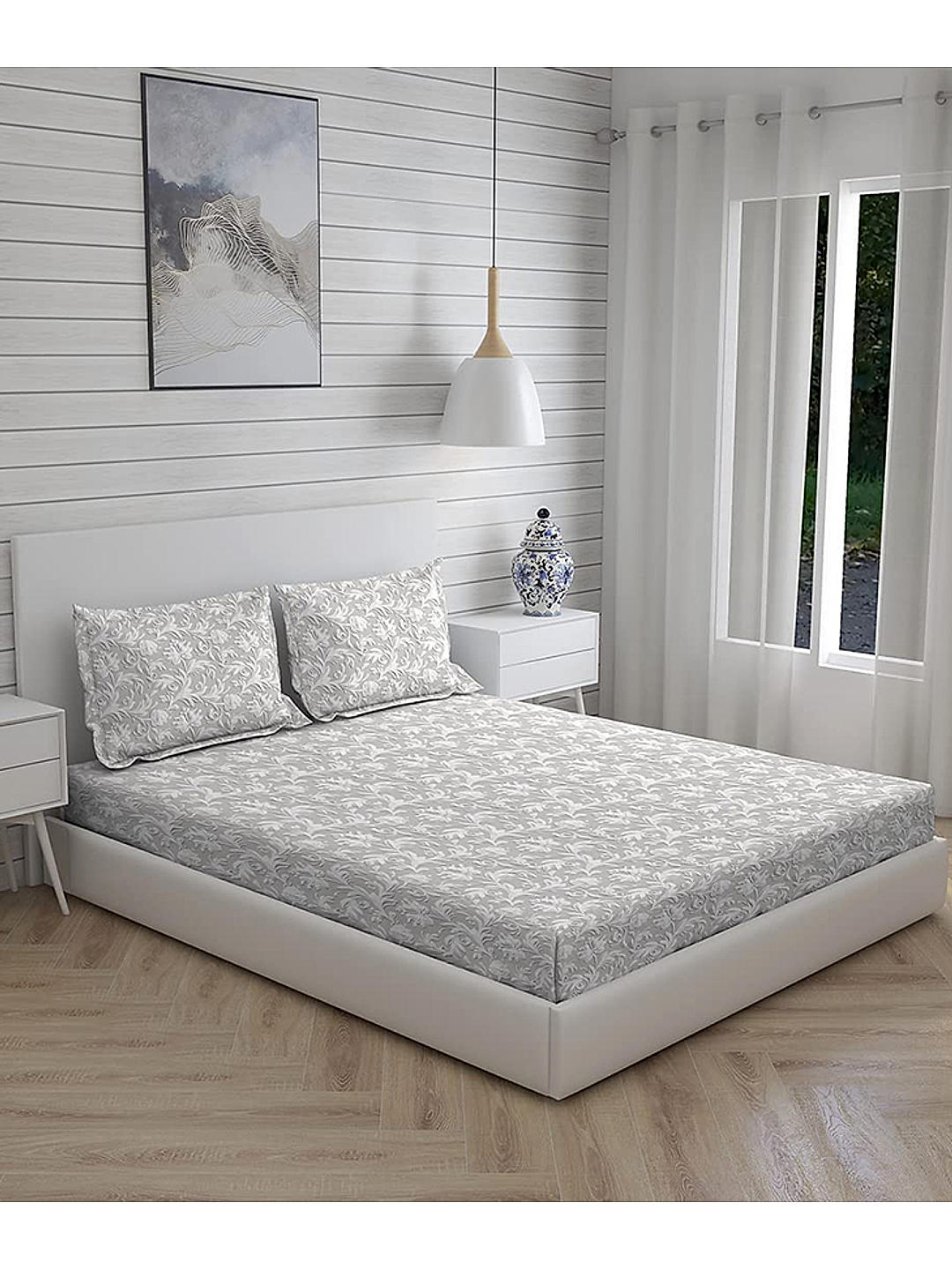 Chalk Hills 100% Cotton 300 TC Ultra Fine Grey Floral Print King Bedsheet with 2 Pillow Covers