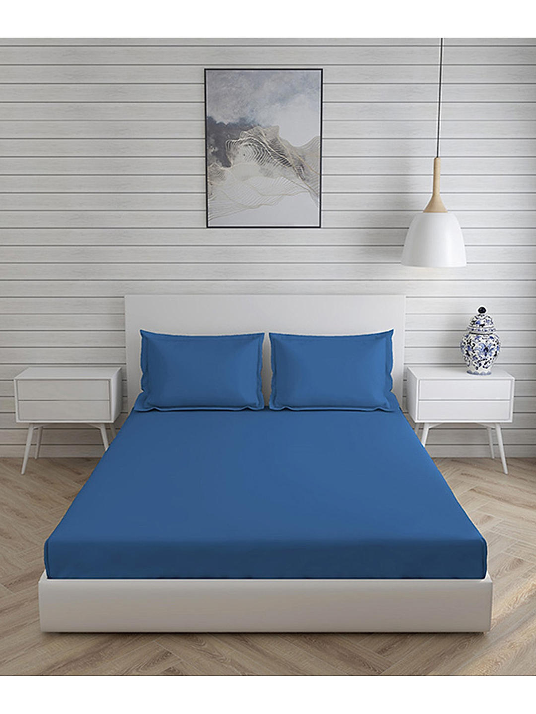 Kalpavriksha Cotton Bamboo 300 TC Blue Solid Print King Bedsheet with 2 Pillow Covers