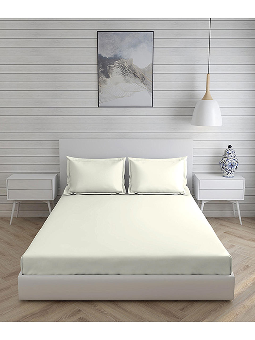 Kalpavriksha Cotton Bamboo 300 TC Ivory Solid Print King Bedsheet with 2 Pillow Covers