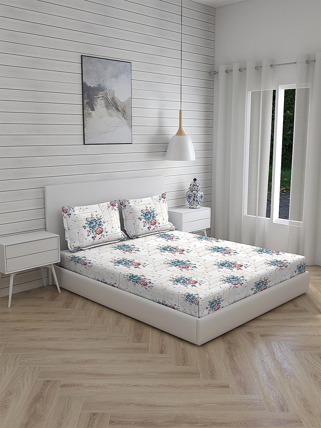 Akira -1 225 TC Chief Value Cotton Super Fine White/Blue Colored Floral Print King Bed Sheet Set