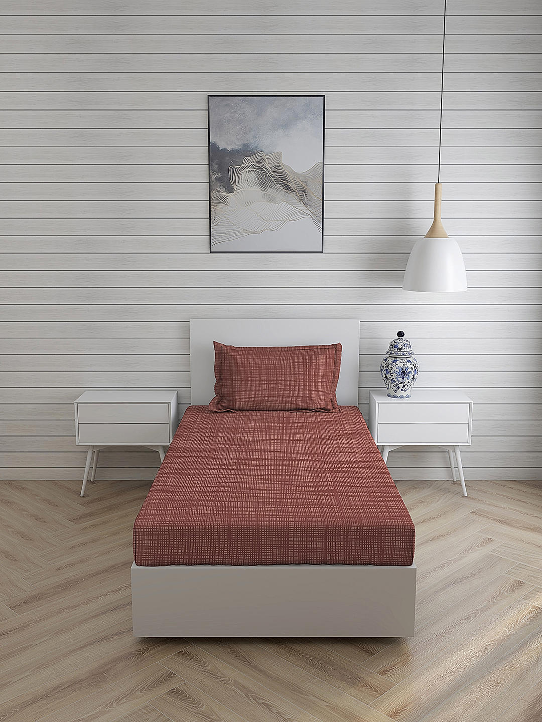 Guaze Cotton Fine Maroon Colored Checkered Print Single Bed Sheet Set