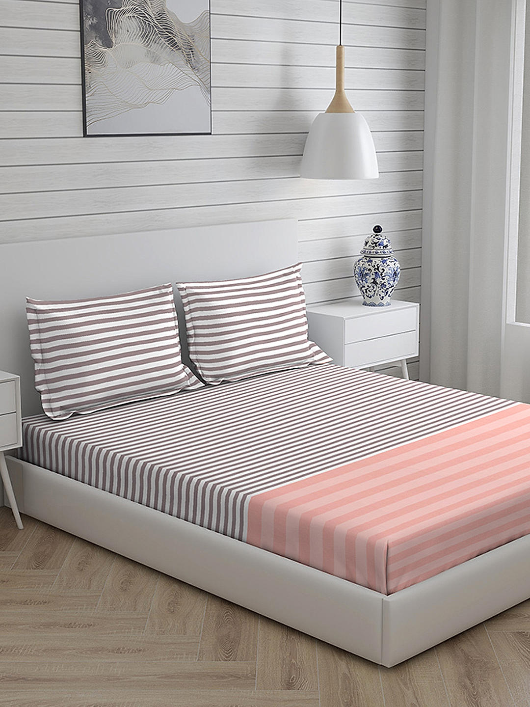 Stripe Tease Cotton Fine Peach/Grey Colored Stripes Print King Bed Sheet Set
