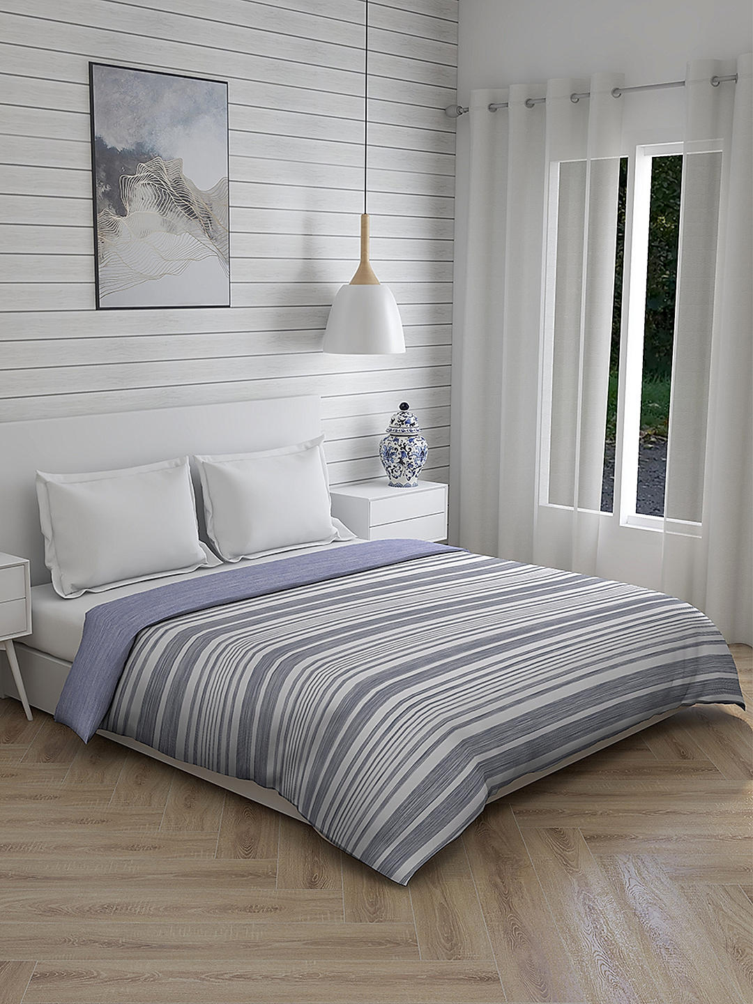 Melange Cotton Value Blue  Colored Stripes Print Double Comforter