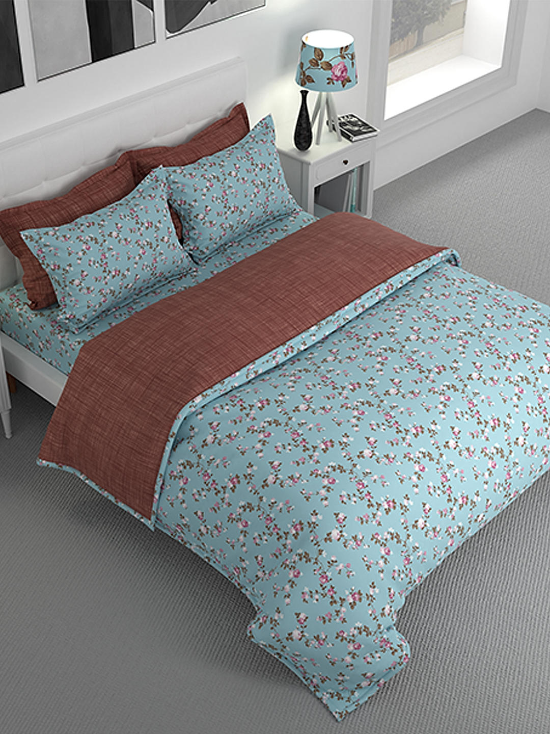 Iris Gaze Cotton Fine Blue Colored Floral Print Double Comforter