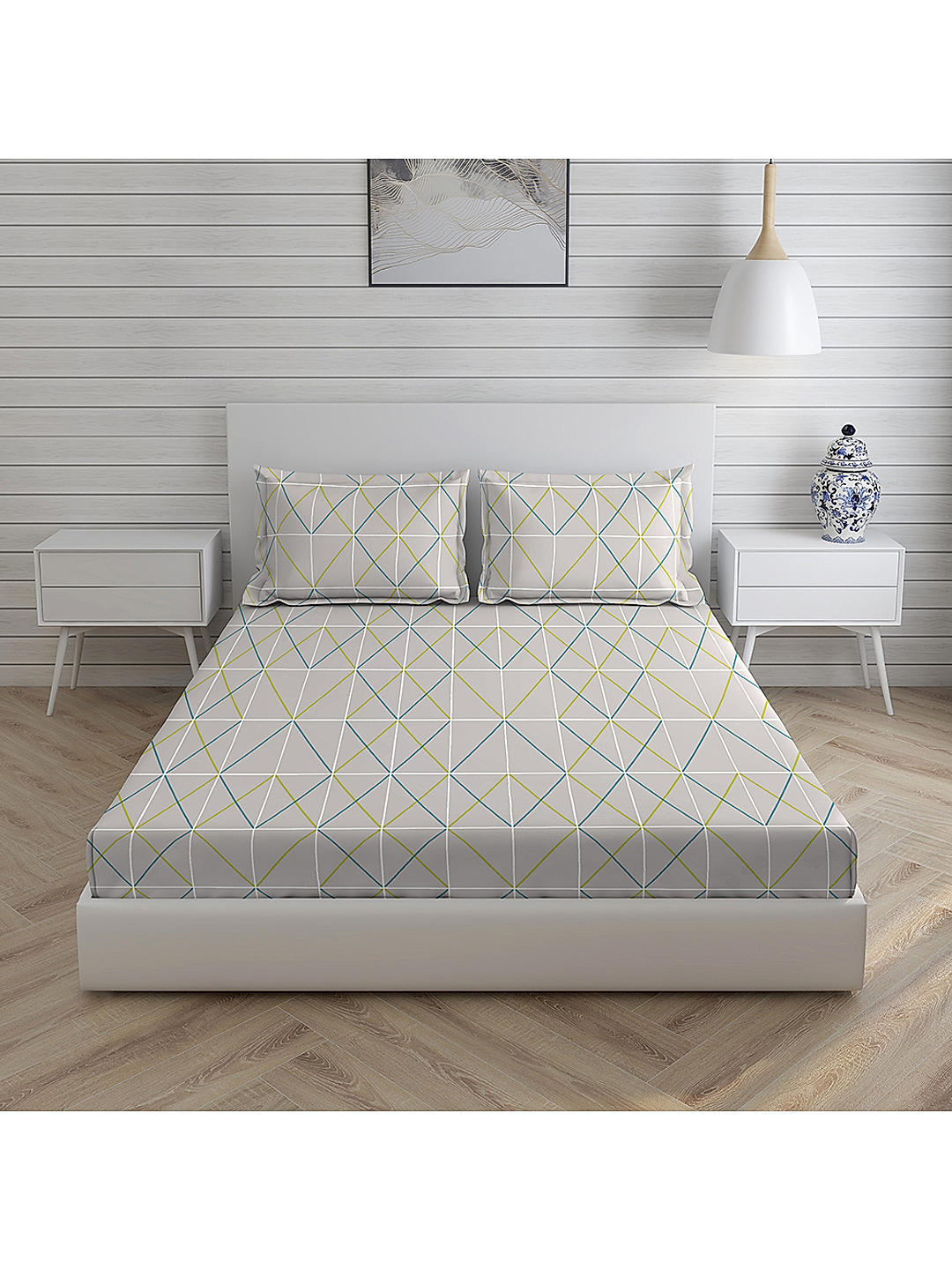 Geo Tangle 212 TC 100% cotton Super Fine Grey Colored Geometric Print King Bed Sheet Set