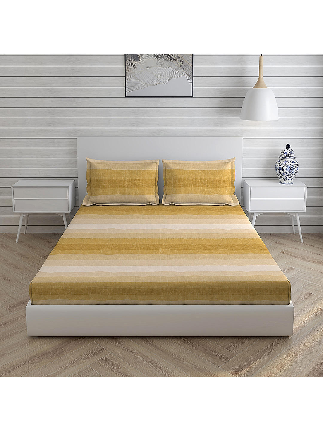 Geo Tangle 212 TC 100% cotton Super Fine Mustard Colored Ombre Dyed Print King Bed Sheet Set