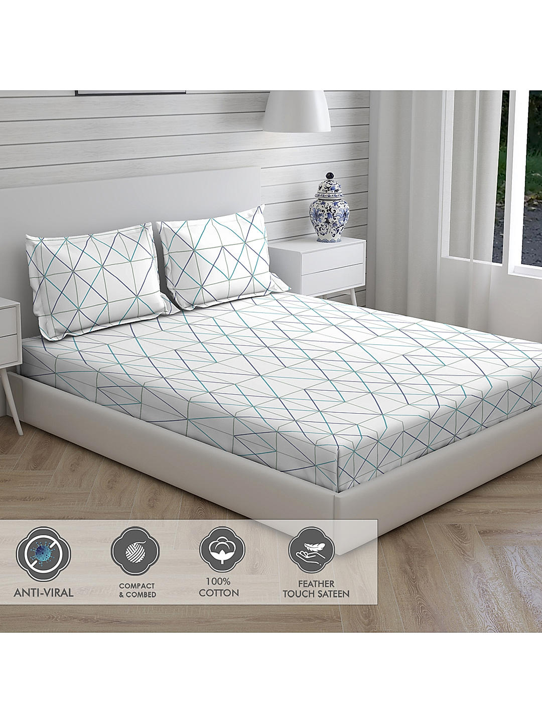 Geo Tangle 212 TC 100% cotton Super Fine White Colored Geometric Print Double Bed Sheet Set