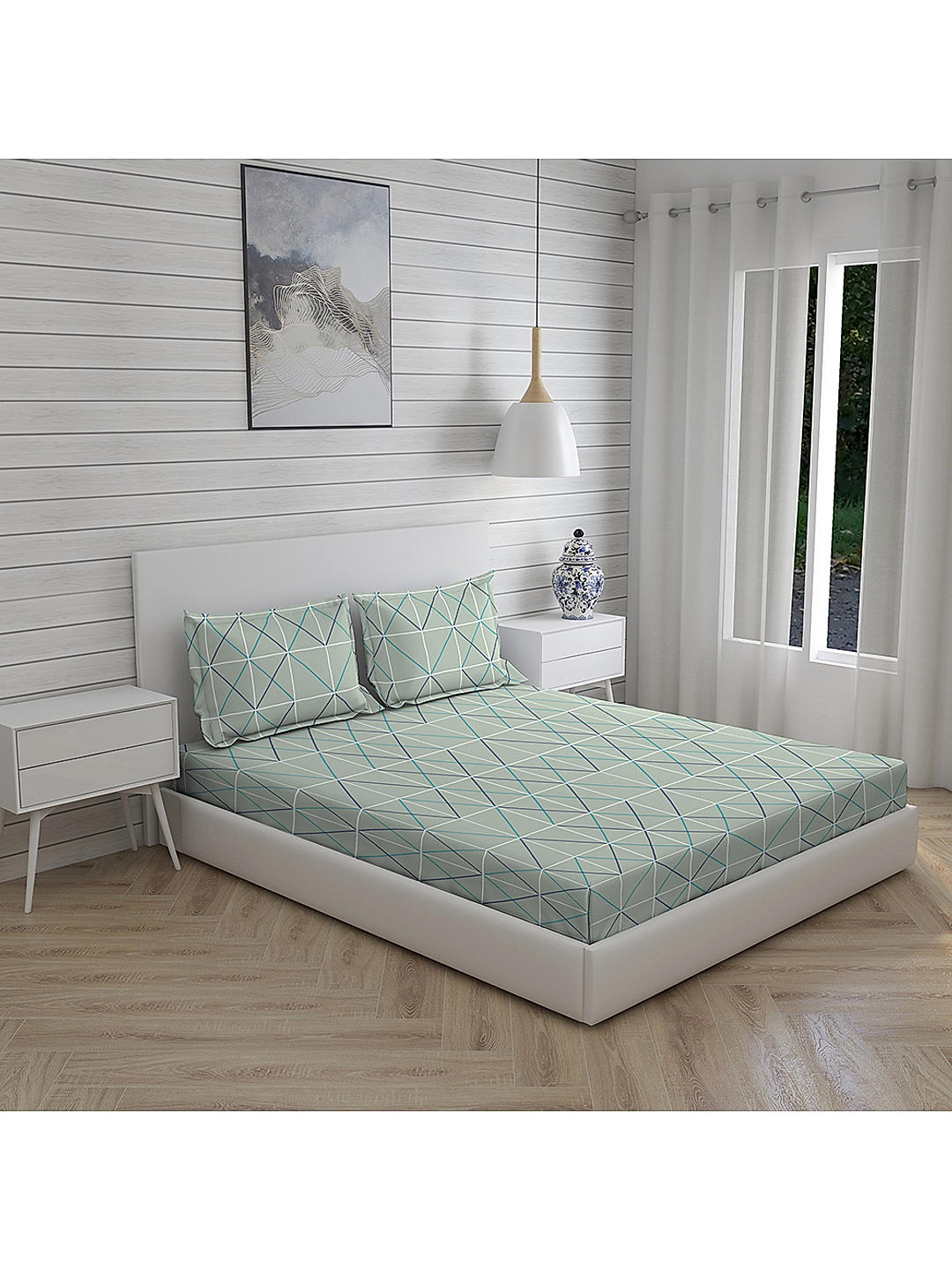 Geo Tangle 212 TC 100% cotton Super Fine Green Colored Geometric Print Double Bed Sheet Set
