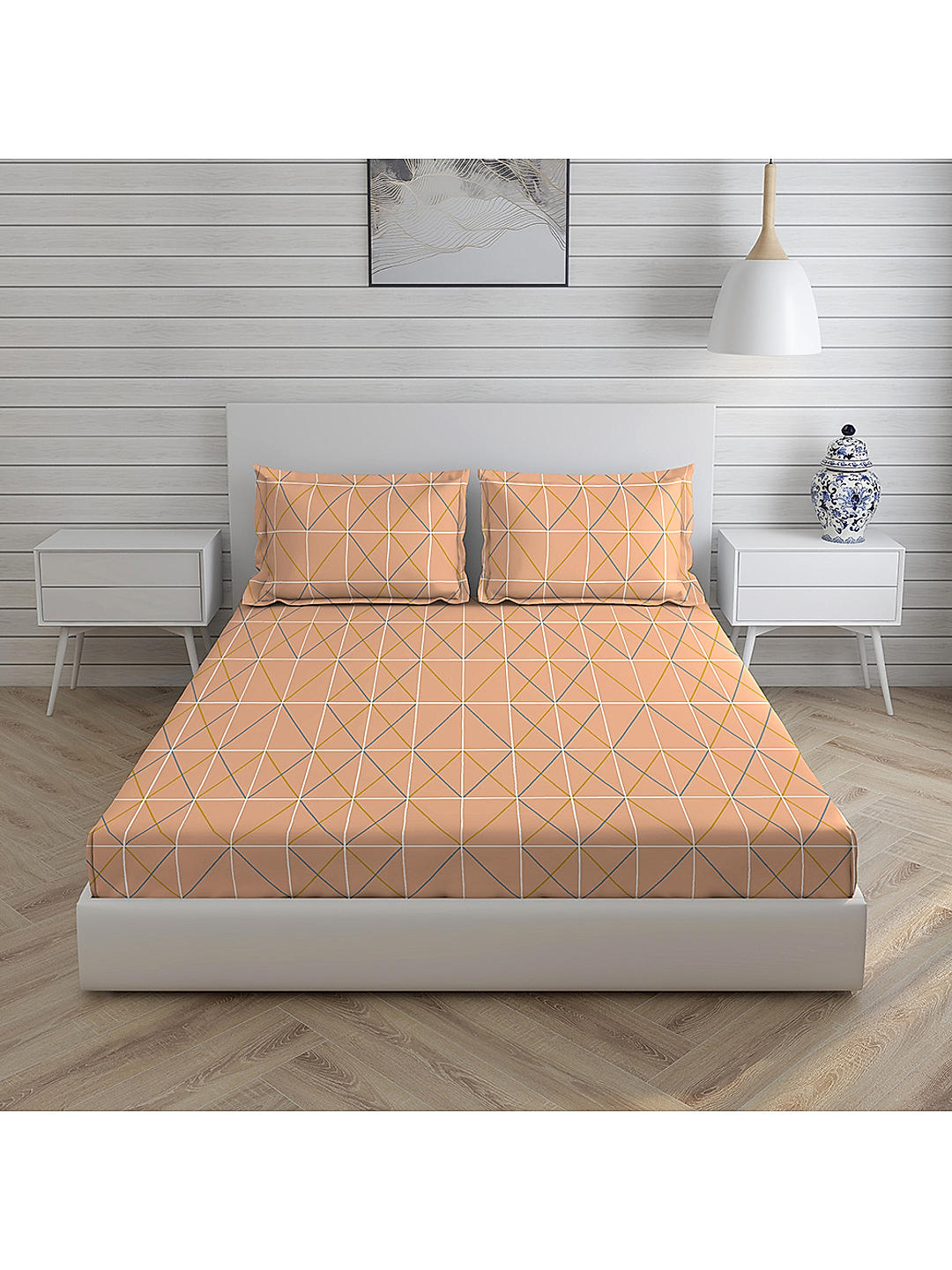Geo Tangle 212 TC 100% cotton Super Fine Orange Colored Geometric Print Double Bed Sheet Set