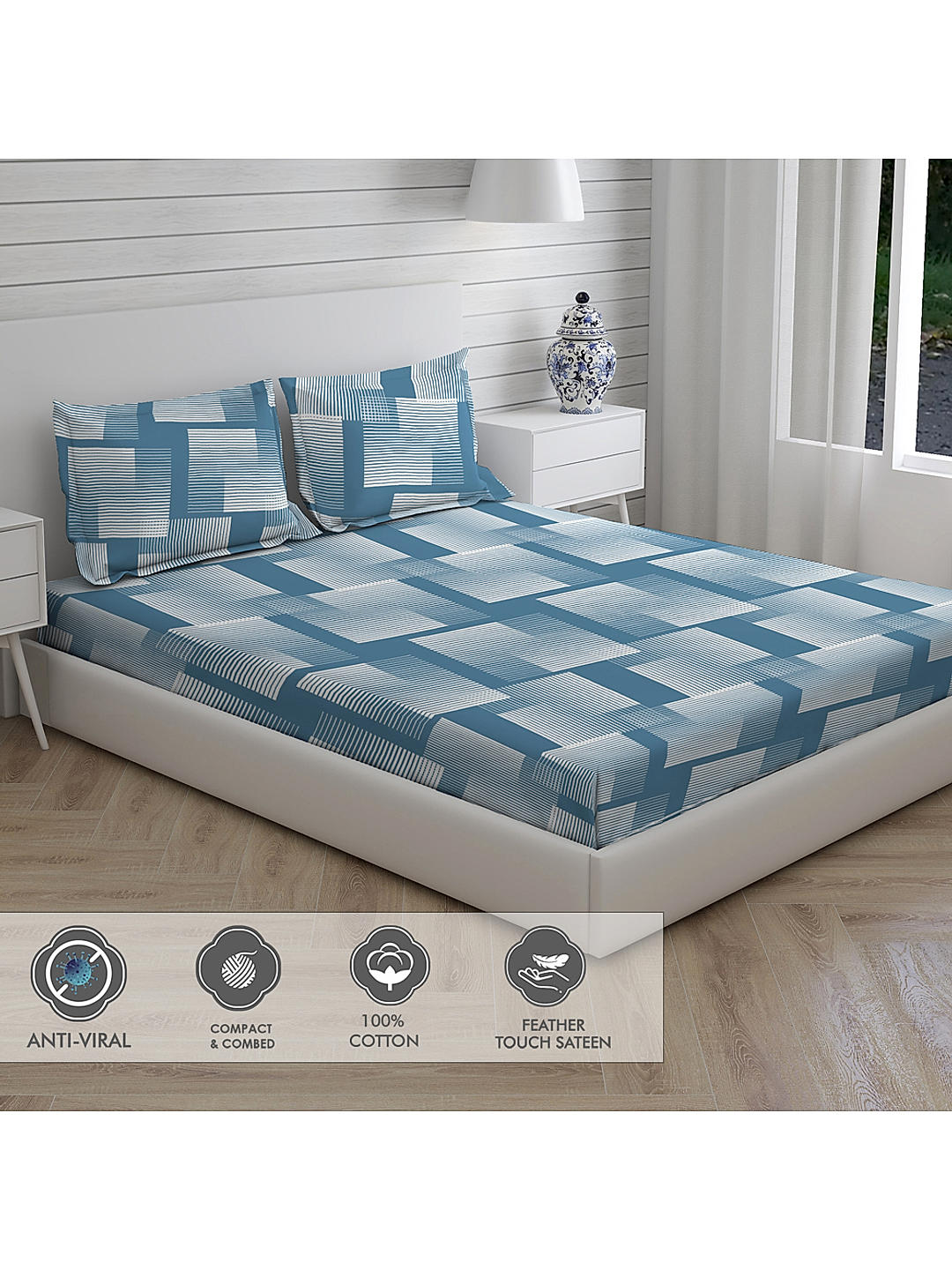 Geo Tangle 212 TC 100% cotton Super Fine Blue Colored Geometric Print Double Bed Sheet Set
