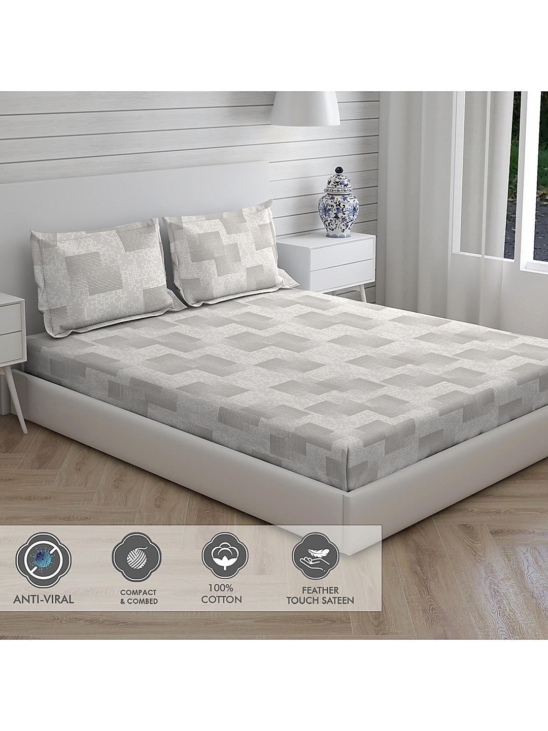 Geo Tangle 212 TC 100% cotton Super Fine Grey Colored Geometric Print Double Bed Sheet Set