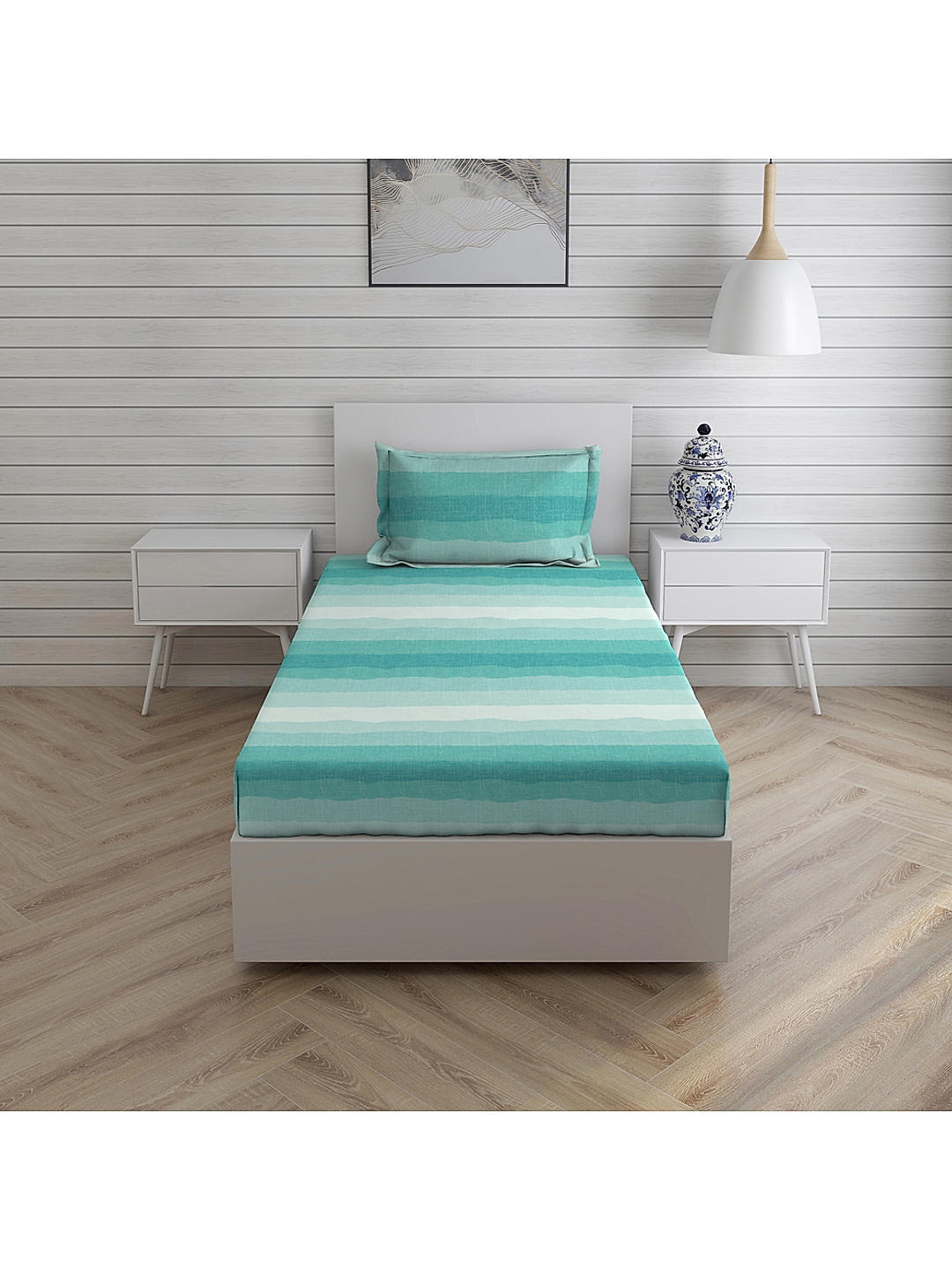 Geo Tangle 212 TC 100% cotton Super Fine Sea Blue Colored Ombre Dyed Print Single Bed Sheet Set