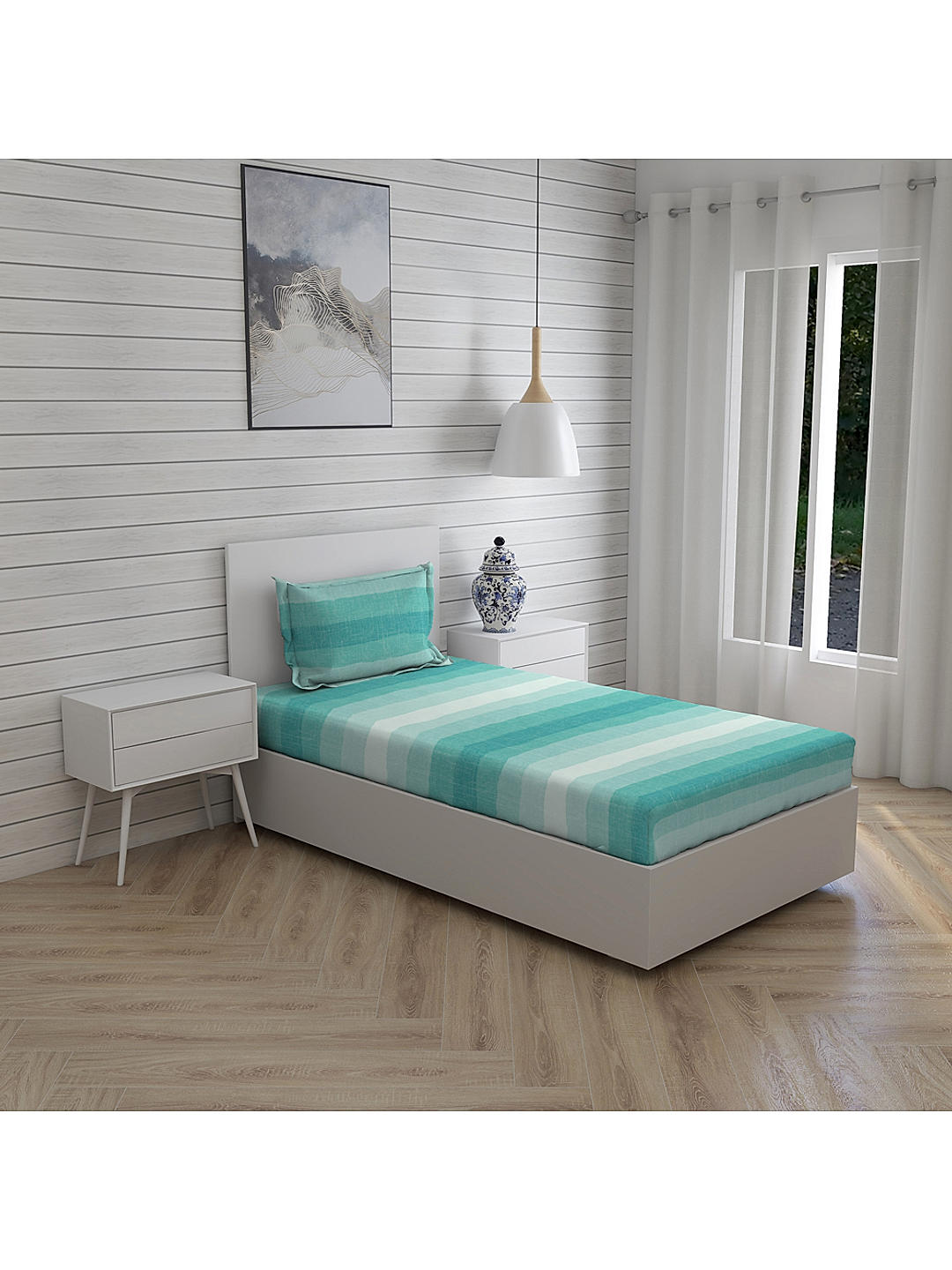 Geo Tangle 212 TC 100% cotton Super Fine Sea Blue Colored Ombre Dyed Print Single Bed Sheet Set