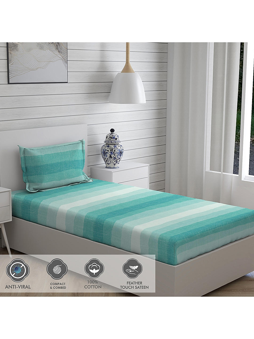 Geo Tangle 212 TC 100% cotton Super Fine Sea Blue Colored Ombre Dyed Print Single Bed Sheet Set