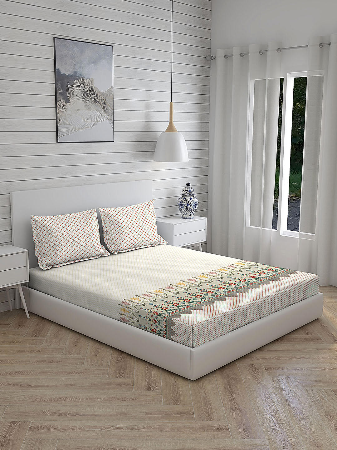 Angelite 270 TC 100% cotton Super Fine Ivory Colored Floral Print King Bed Sheet Set