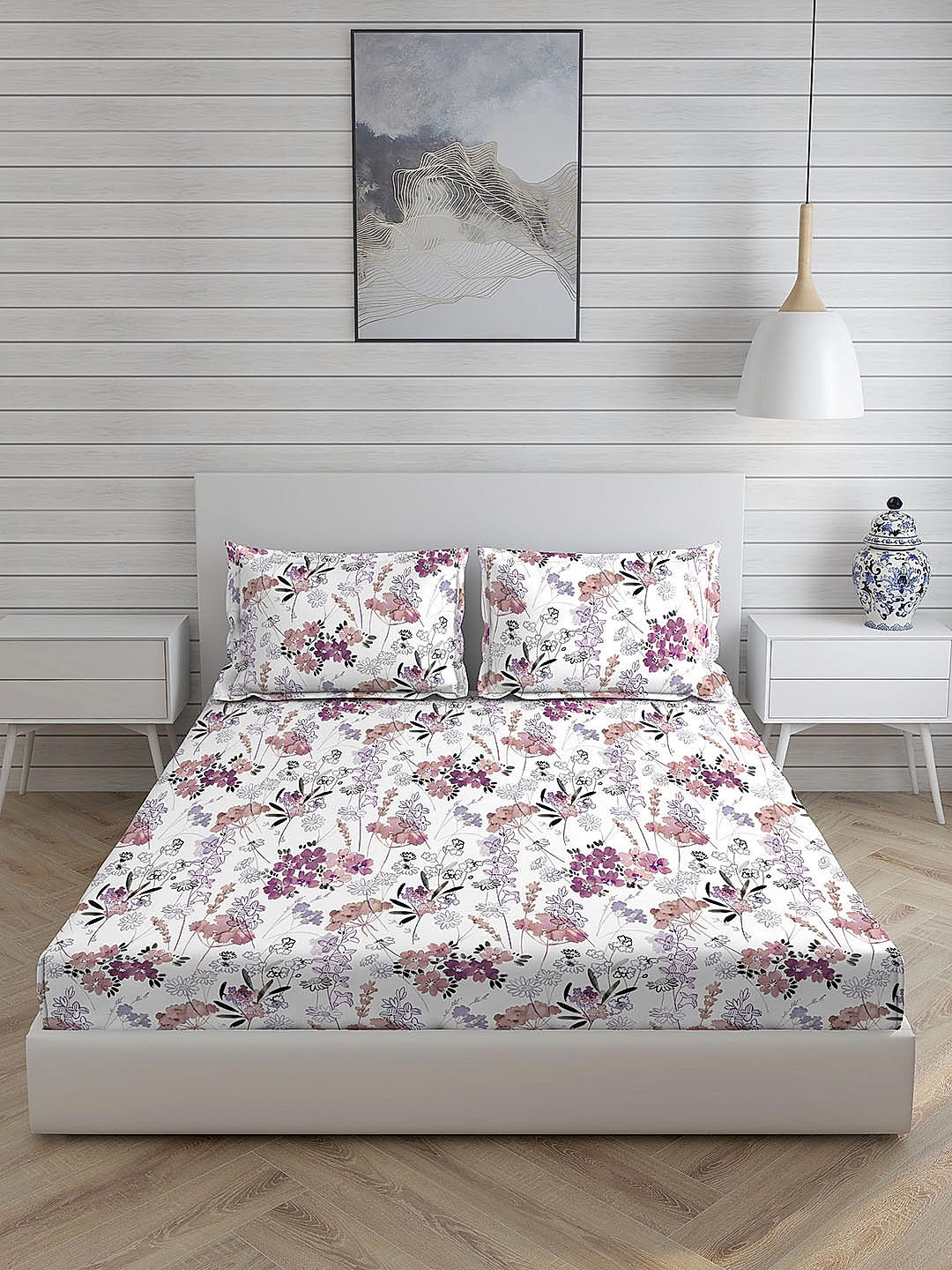 Angelite 270 TC 100% cotton Super Fine White/Purple Colored Floral Print King Bed Sheet Set