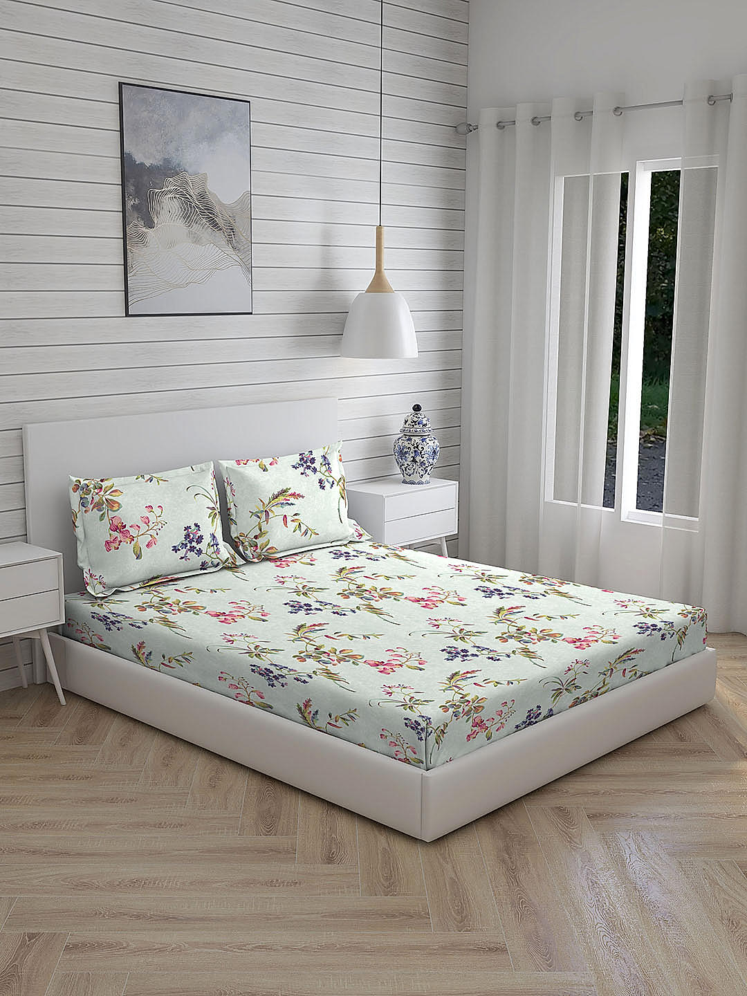 Angelite 270 TC 100% cotton Super Fine Green Colored Floral Print King Bed Sheet Set