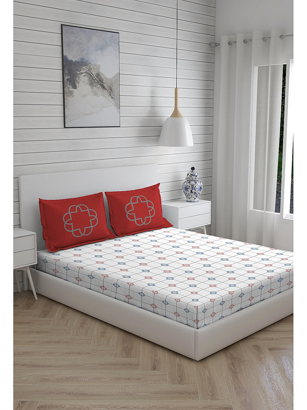 Signature 300 TC 100% cotton Ultra Fine White Colored Geometric Print King Bed Sheet Set