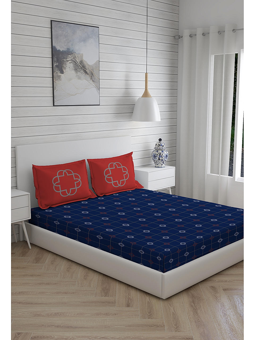 Signature 300 TC 100% cotton Ultra Fine Dark Blue Colored Geometric Print King Bed Sheet Set