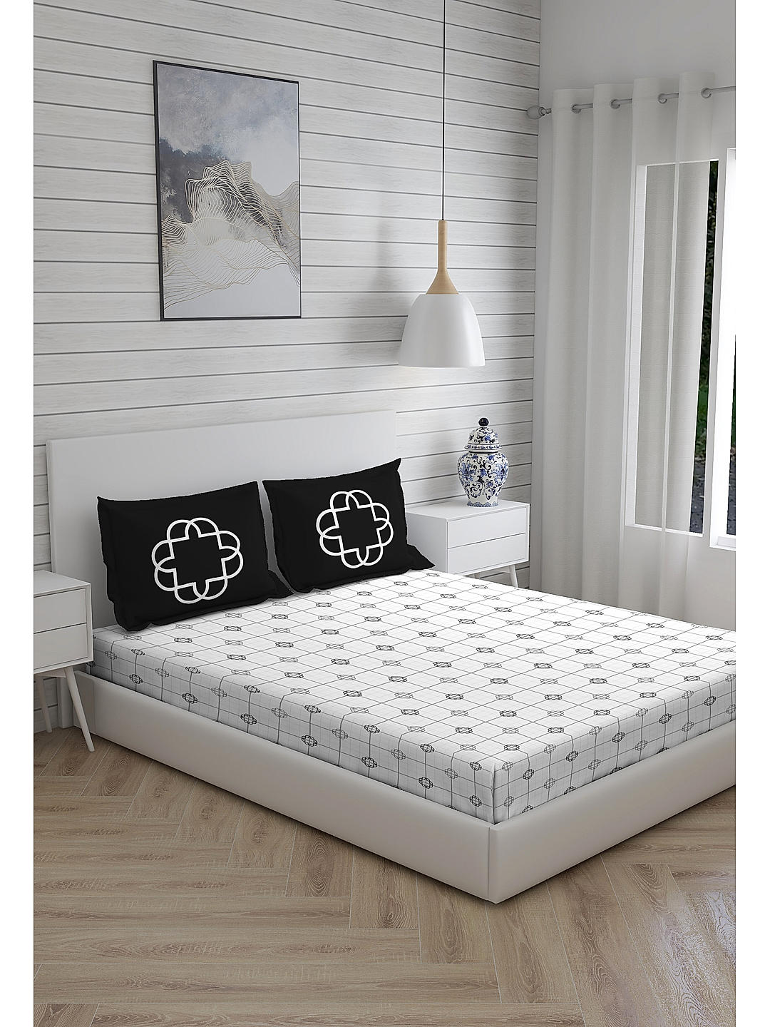 Signature 300 TC 100% cotton Ultra Fine White Colored Geometric Print King Bed Sheet Set