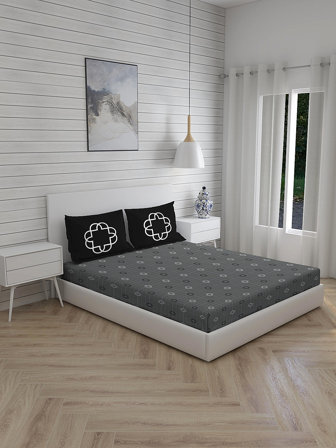 Signature 300 TC 100% cotton Ultra Fine Grey Colored Geometric Print King Bed Sheet Set