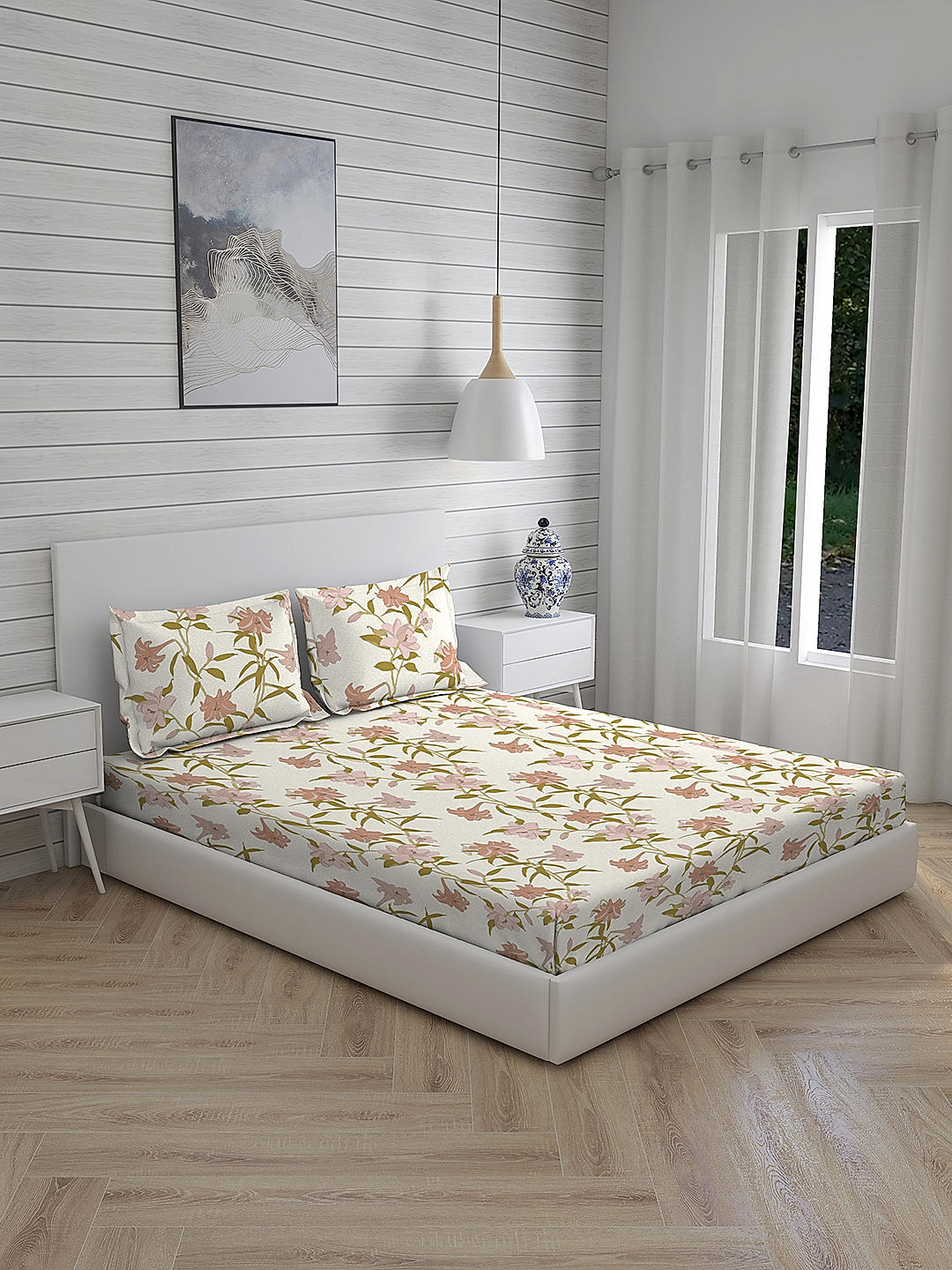 Cool Night -1 225 TC Chief Value Cotton Super Fine Off White Colored Floral Print Fitted Bed Sheet Set