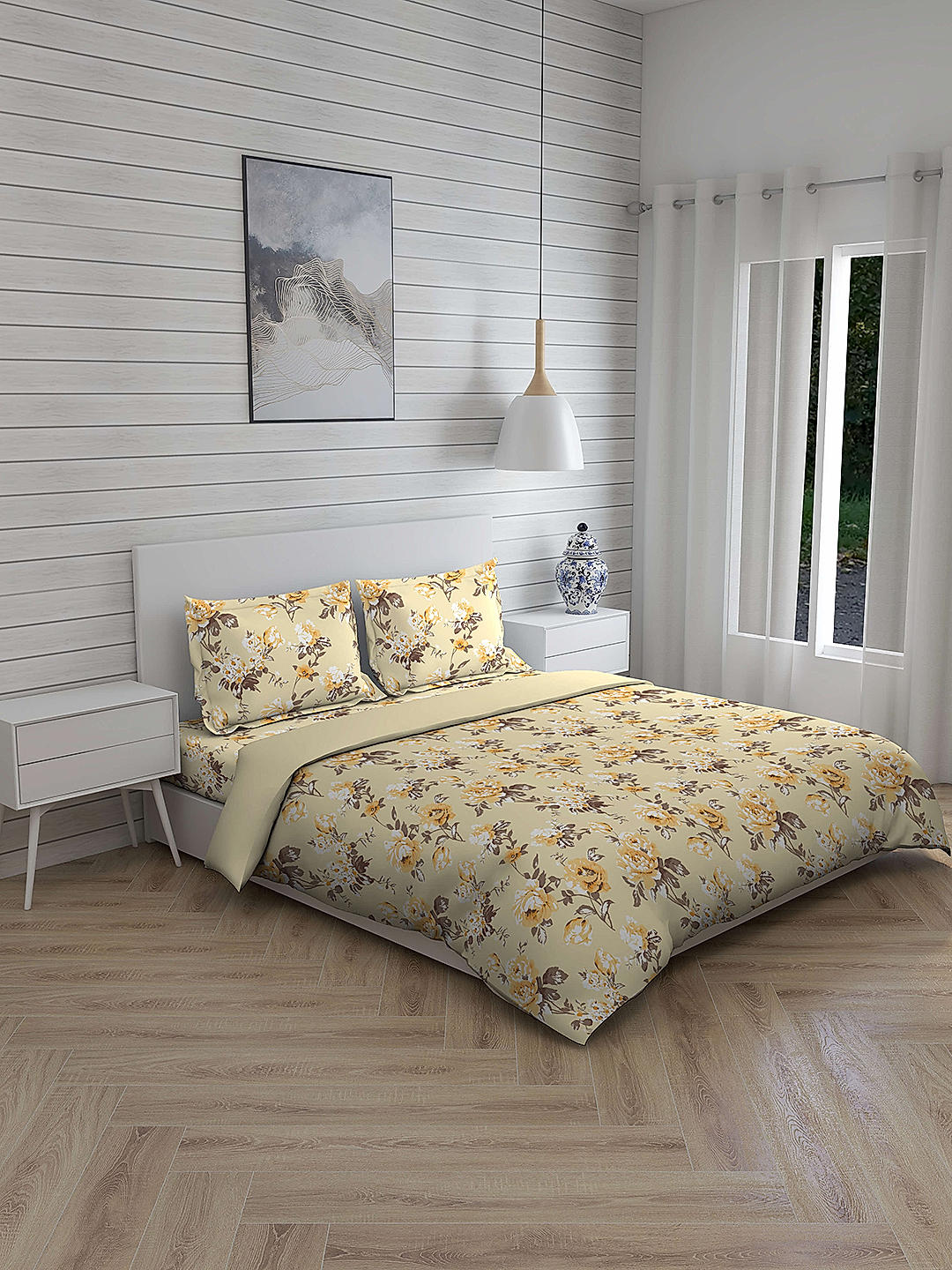 Jade  Super Fine Beige Colored Floral Print Double Cordinated Bedding set with Bedsheet, Pillow Cover & Comforter