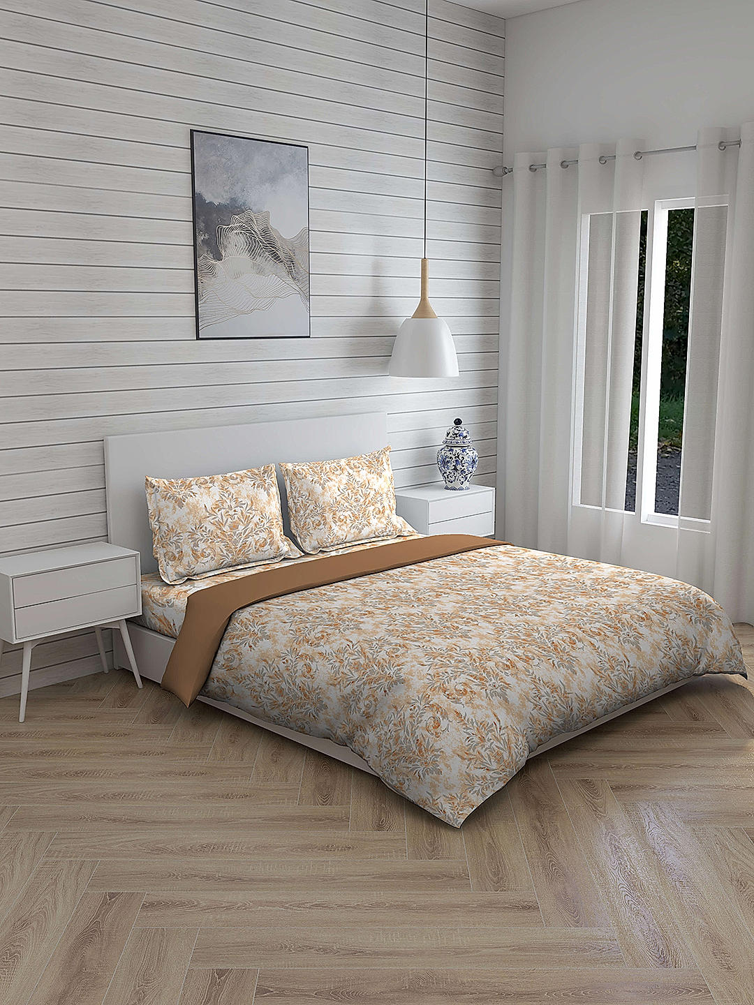 Jade Cotton 220 Tc Double Bedsheet Set With Comforter (Beige)
