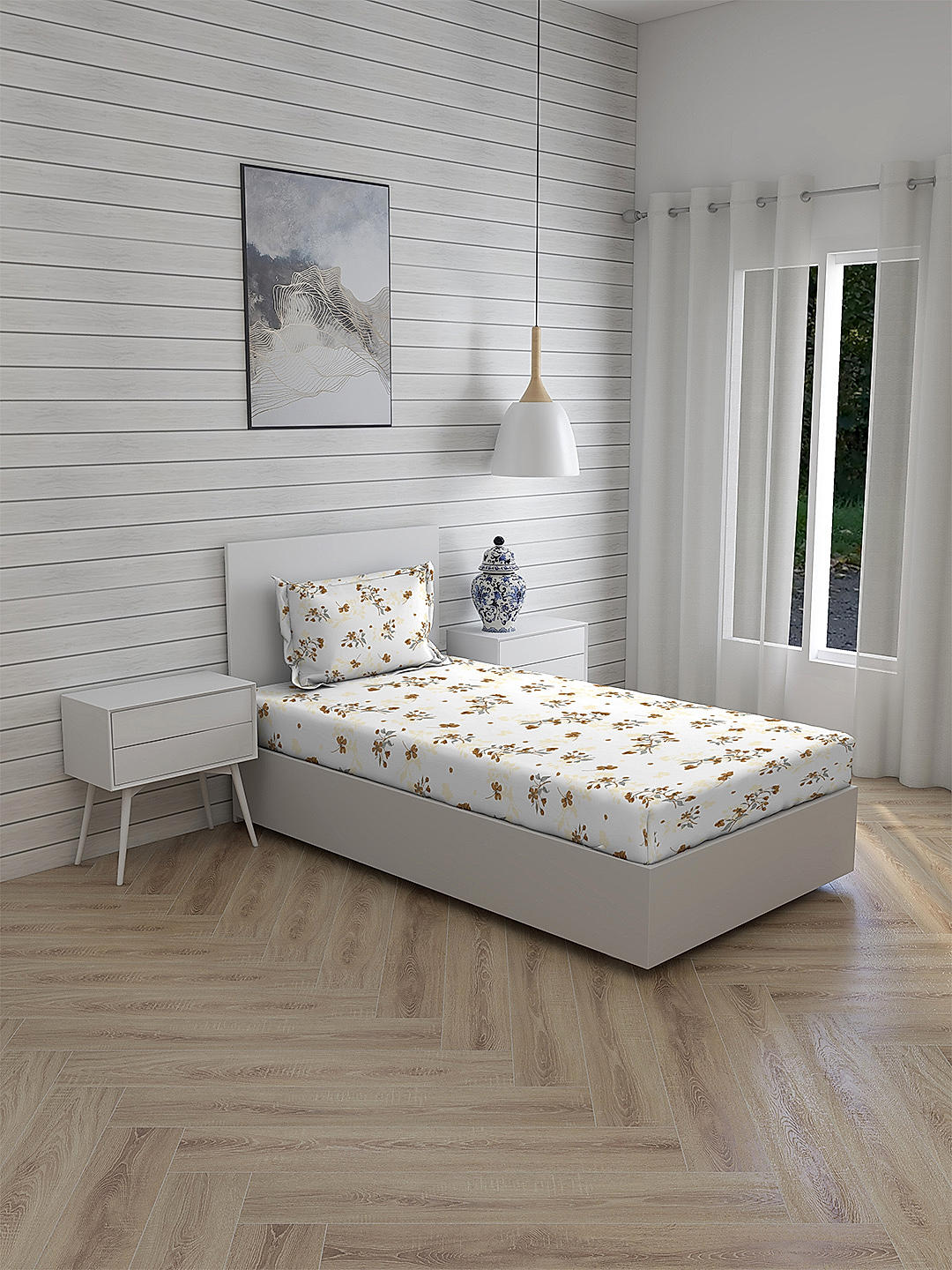 Iris Gaze-1 100% cotton Fine White/Brown Colored Floral Print Single Bed Sheet Set