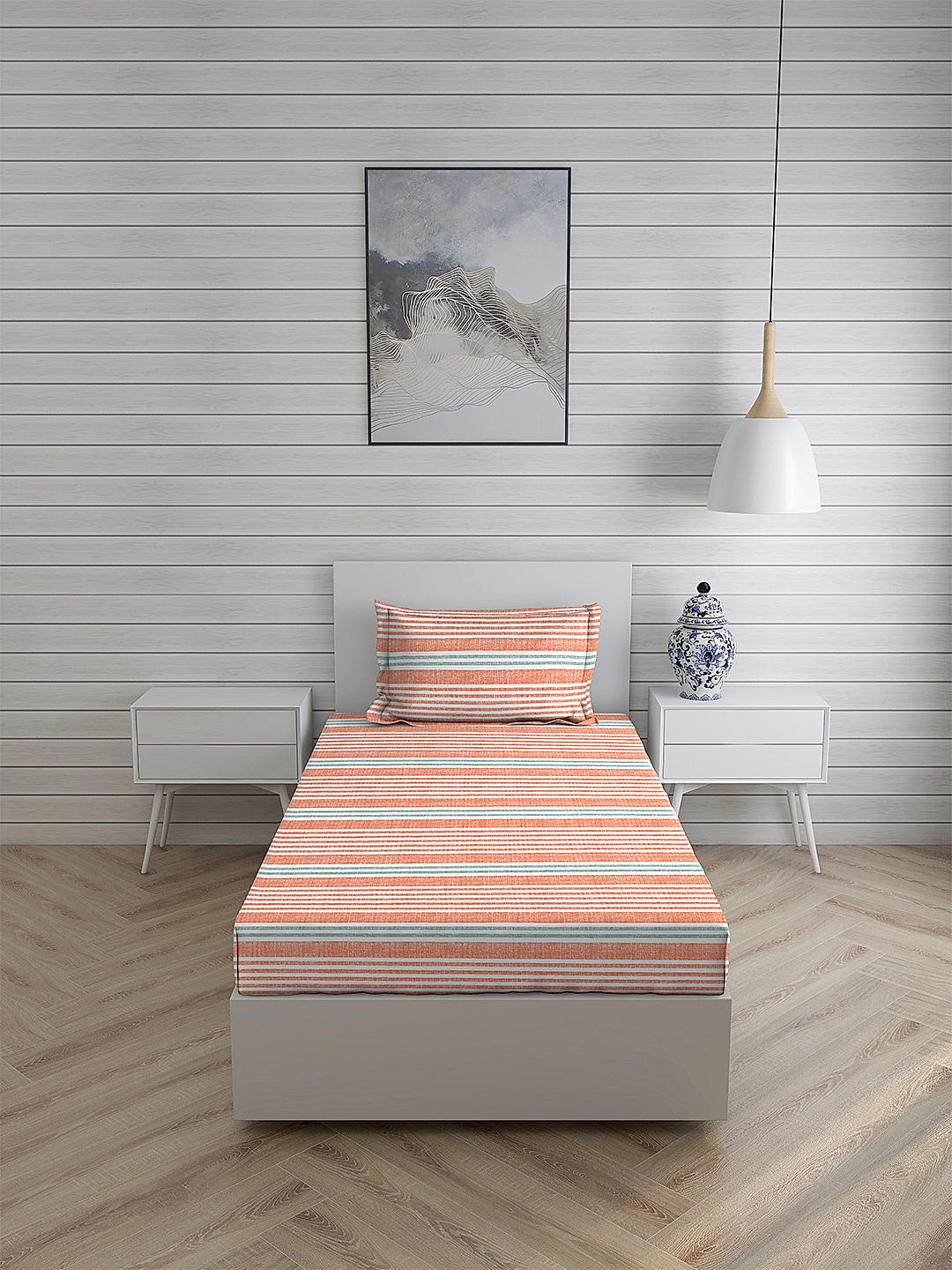 Iris Gaze-1 100% cotton Fine Coral Colored Stripes Print Single Bed Sheet Set