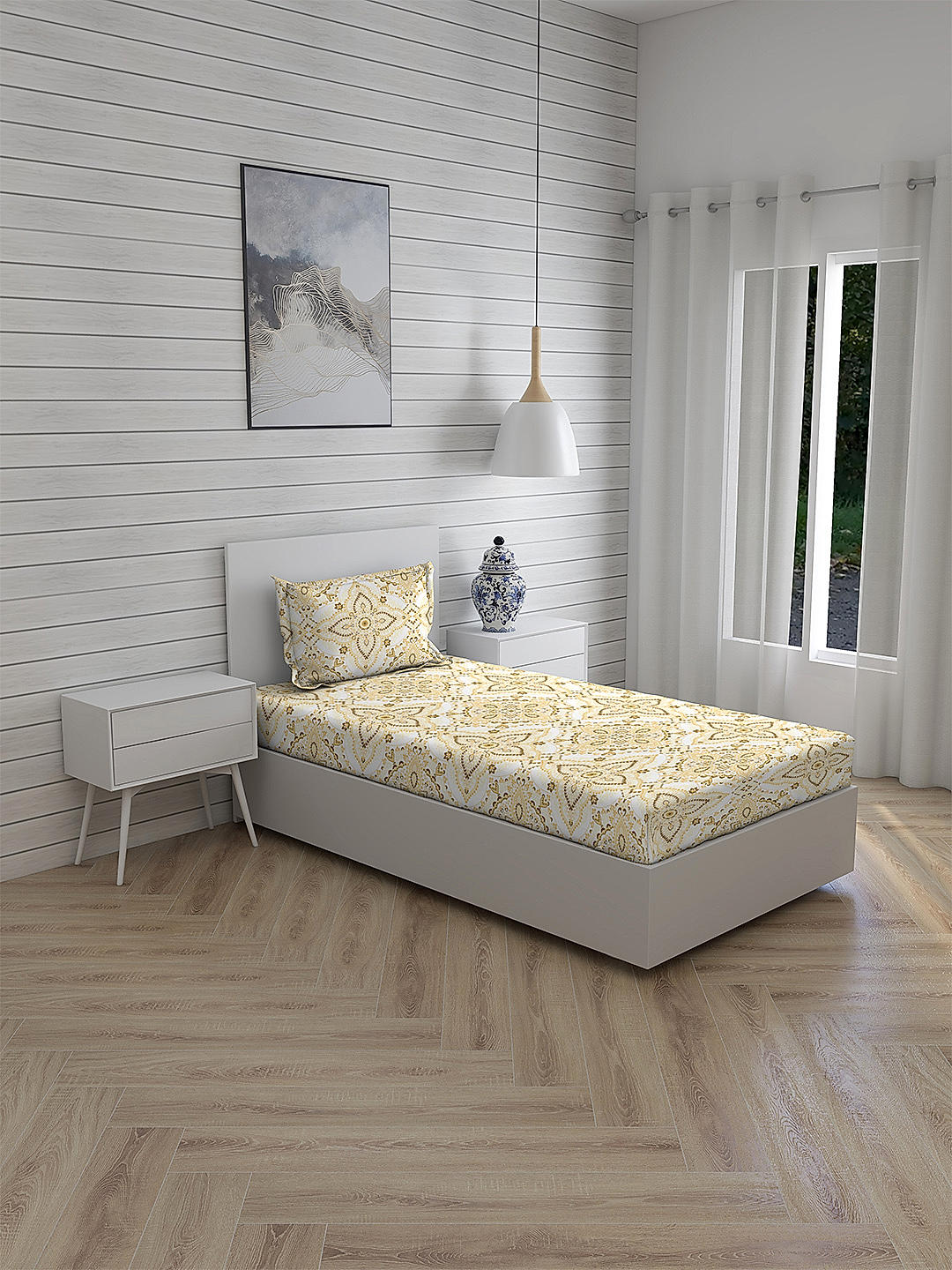 Iris Gaze-1 100% cotton Fine White/Yellow Colored Ethnic Print Single Bed Sheet Set
