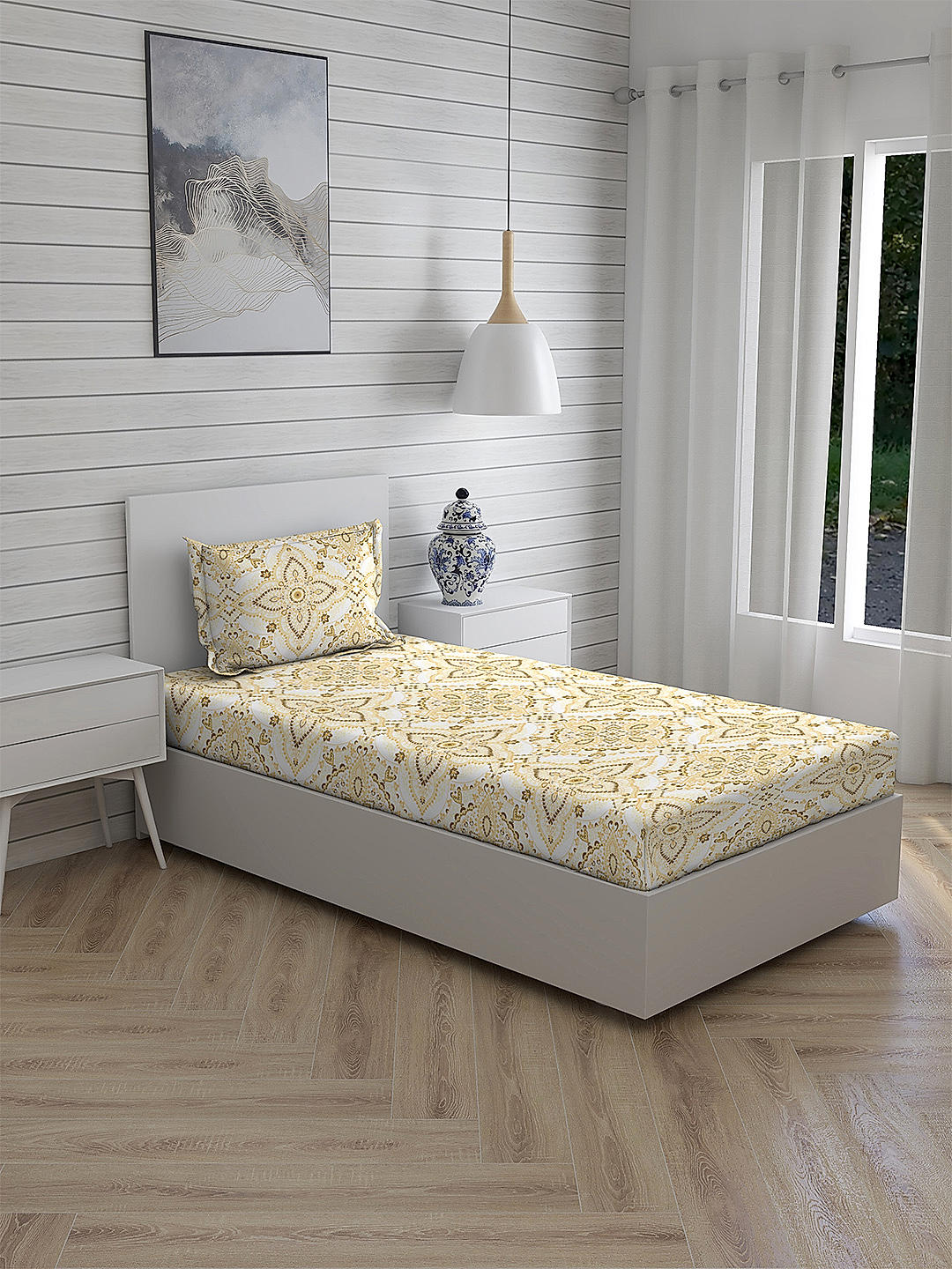 Iris Gaze-1 100% cotton Fine White/Yellow Colored Ethnic Print Single Bed Sheet Set