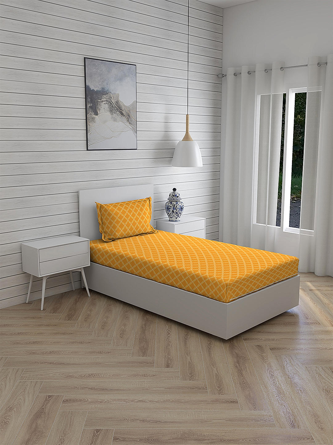 Iris Gaze-1 100% cotton Fine Yellow Colored Ethnic Print Single Bed Sheet Set
