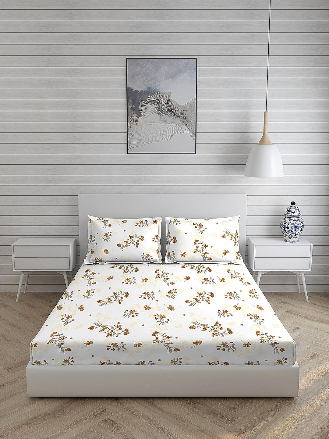 Iris Gaze-1 100% cotton Fine White/Brown Colored Floral Print King Bed Sheet Set
