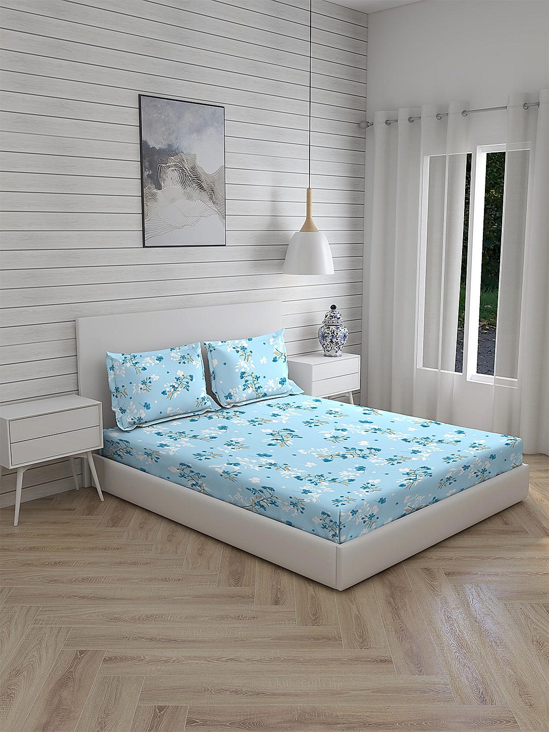 Iris Gaze-1 100% cotton Fine Blue Colored Floral Print King Bed Sheet Set