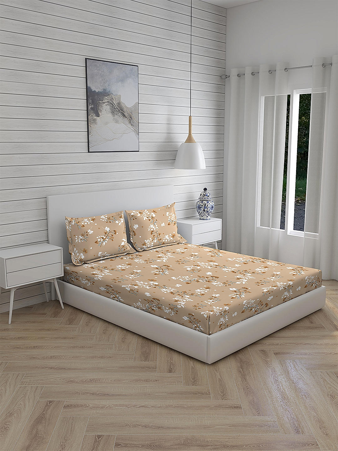 Iris Gaze-1 100% cotton Fine Brown Colored Floral Print King Bed Sheet Set
