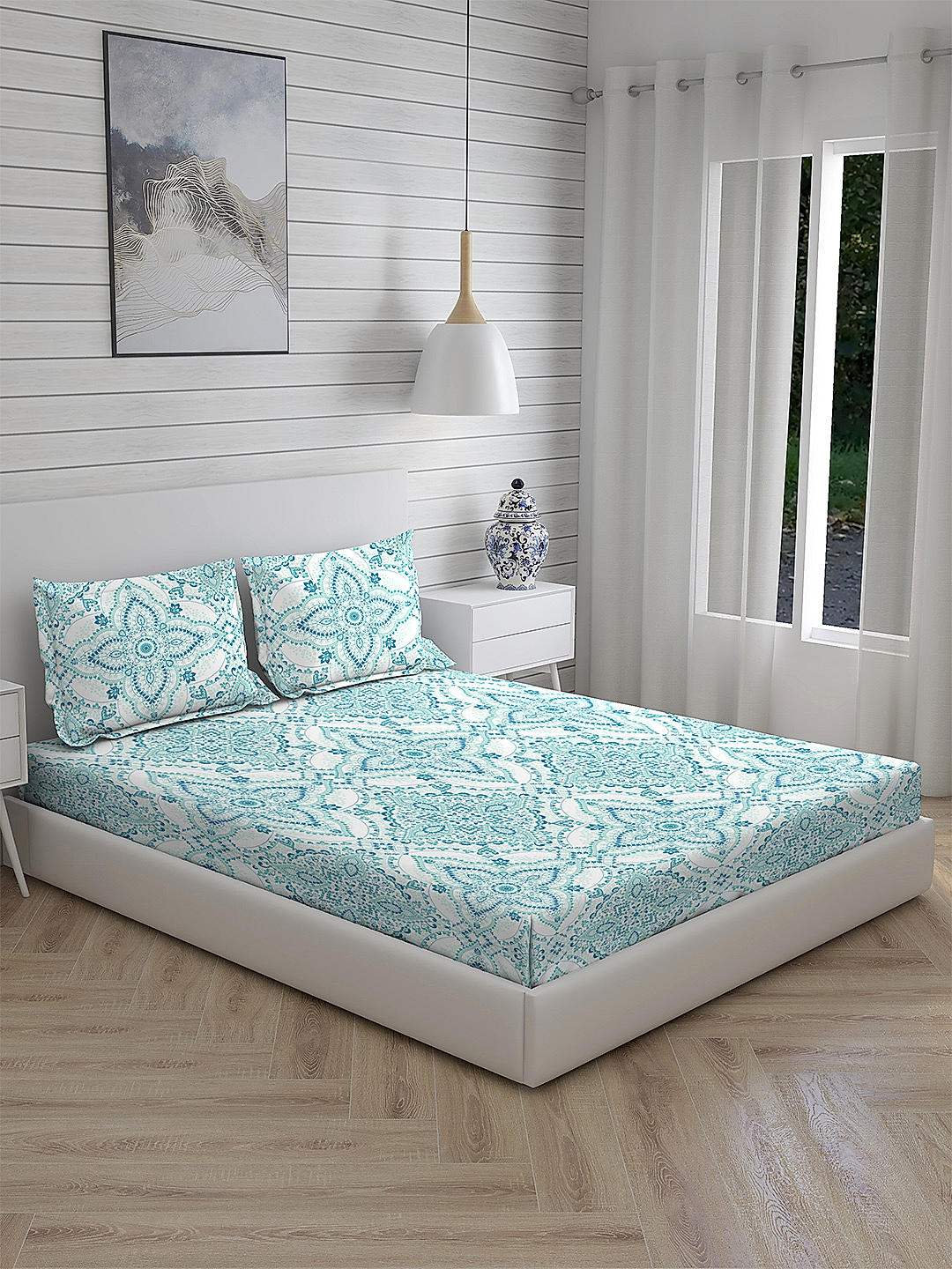 Iris Gaze-1 100% cotton Fine Blue Colored Ethnic Print King Bed Sheet Set