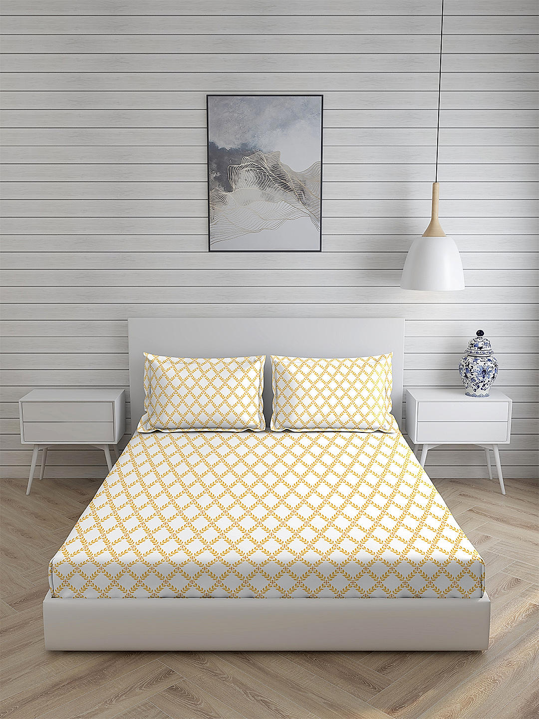 Iris Gaze-1 100% cotton Fine White/Yellow Colored Ethnic Print King Bed Sheet Set