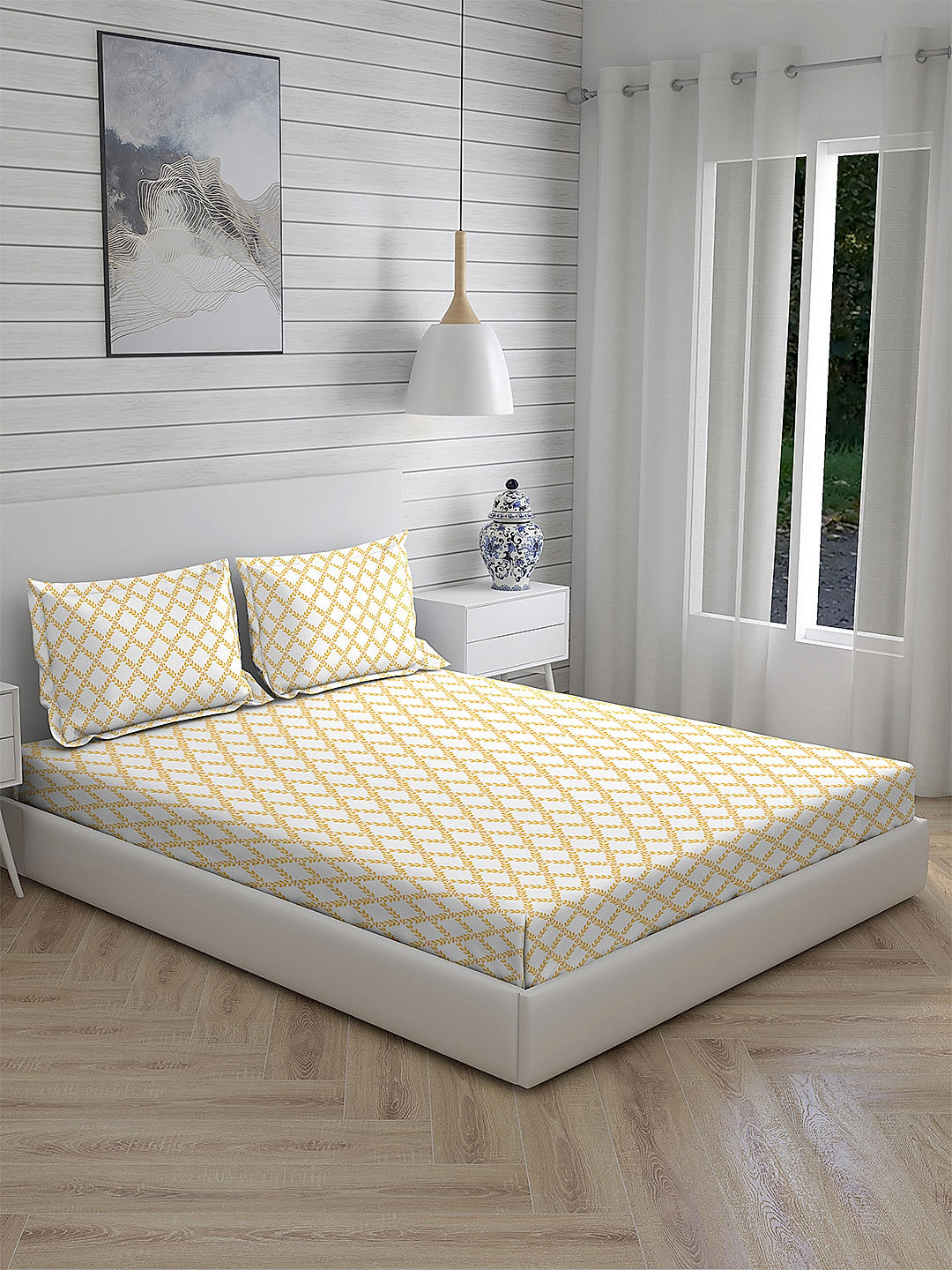 Iris Gaze-1 100% cotton Fine White/Yellow Colored Ethnic Print King Bed Sheet Set