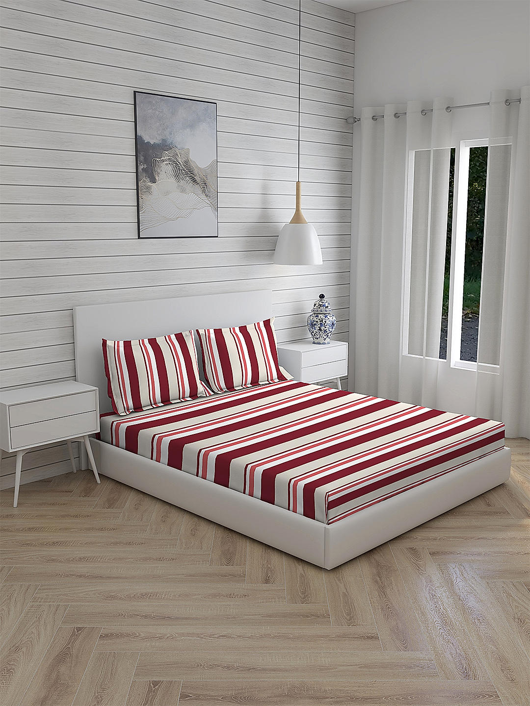 Akira 2 225 TC Chief Value Cotton Super Fine Red Colored Stripes Print Double Bed Sheet Set