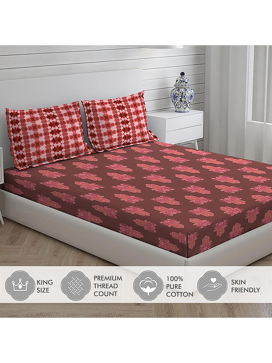 Hamsa Healing 100% Cotton Fine Maroon Colored Abstract Print King Bed Sheet Set