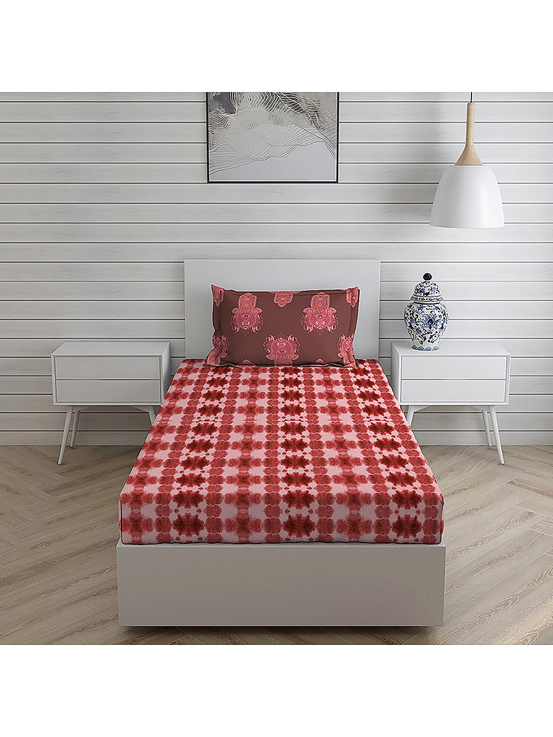Hamsa Healing Cotton Fine Red Colored Abstract Print Single Bed Sheet Set